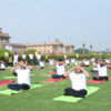 The Minister of State for Development of North Eastern Region (I/C), Prime Ministers Office, Personnel, Public Grievances & Pensions, Atomic Energy and Space, Dr. Jitendra Singh performing Yoga, on the occasion of the 5th International Day of Yoga 2019, organised by the Department of Pension and Pensioners Welfare, Ministry of Personnel, Public Grievances and Pensions, at North Block, in New Delhi on June 21, 2019. The Secretary, DoPT, Dr. C. Chandramouli is also seen.